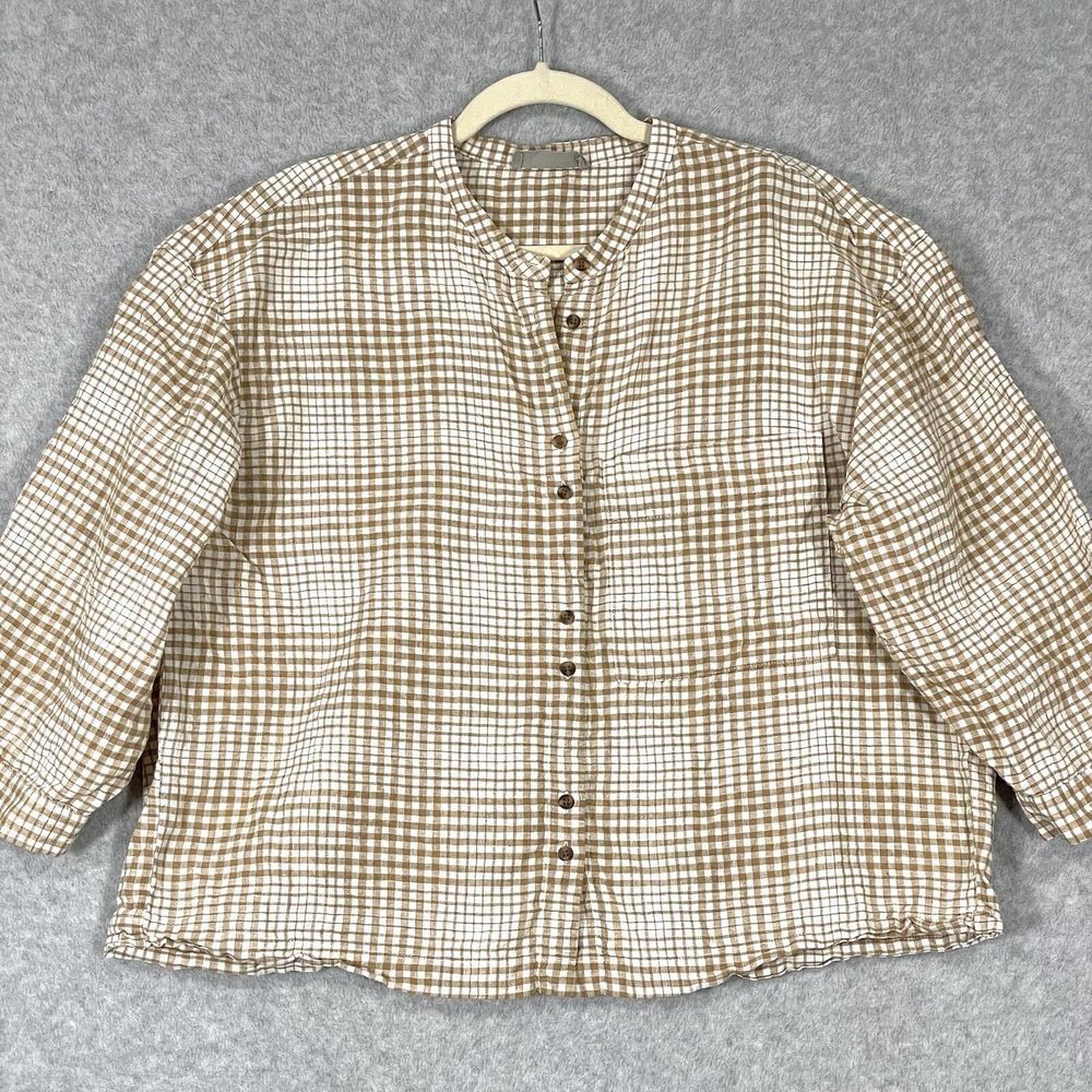Everlane Top Womens Large The Linen Billow Blouse Boxy Oversized Brown Plaid